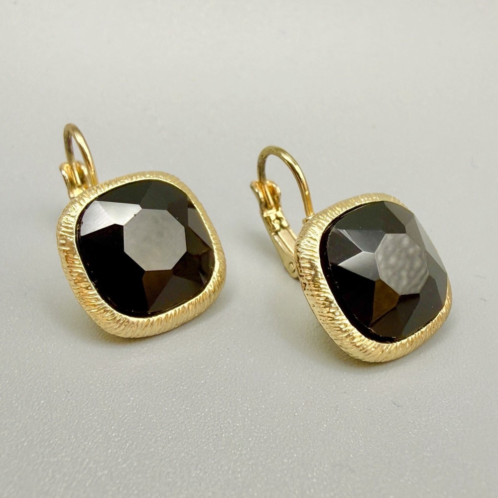 Vintage Earrings Signed Monet Gold Tone‎ Square Black Faceted Rhinestone Dainty